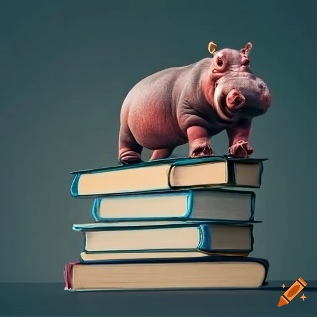 adorable hippo balancing on a stack of books