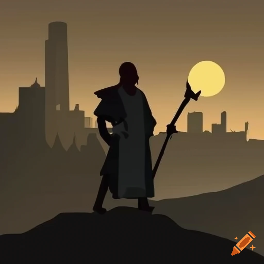 illustration of a cleric with bible and halberd on a hill