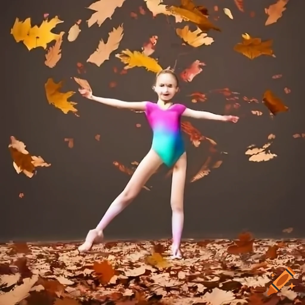girls twirling in colorful leotards among falling leaves