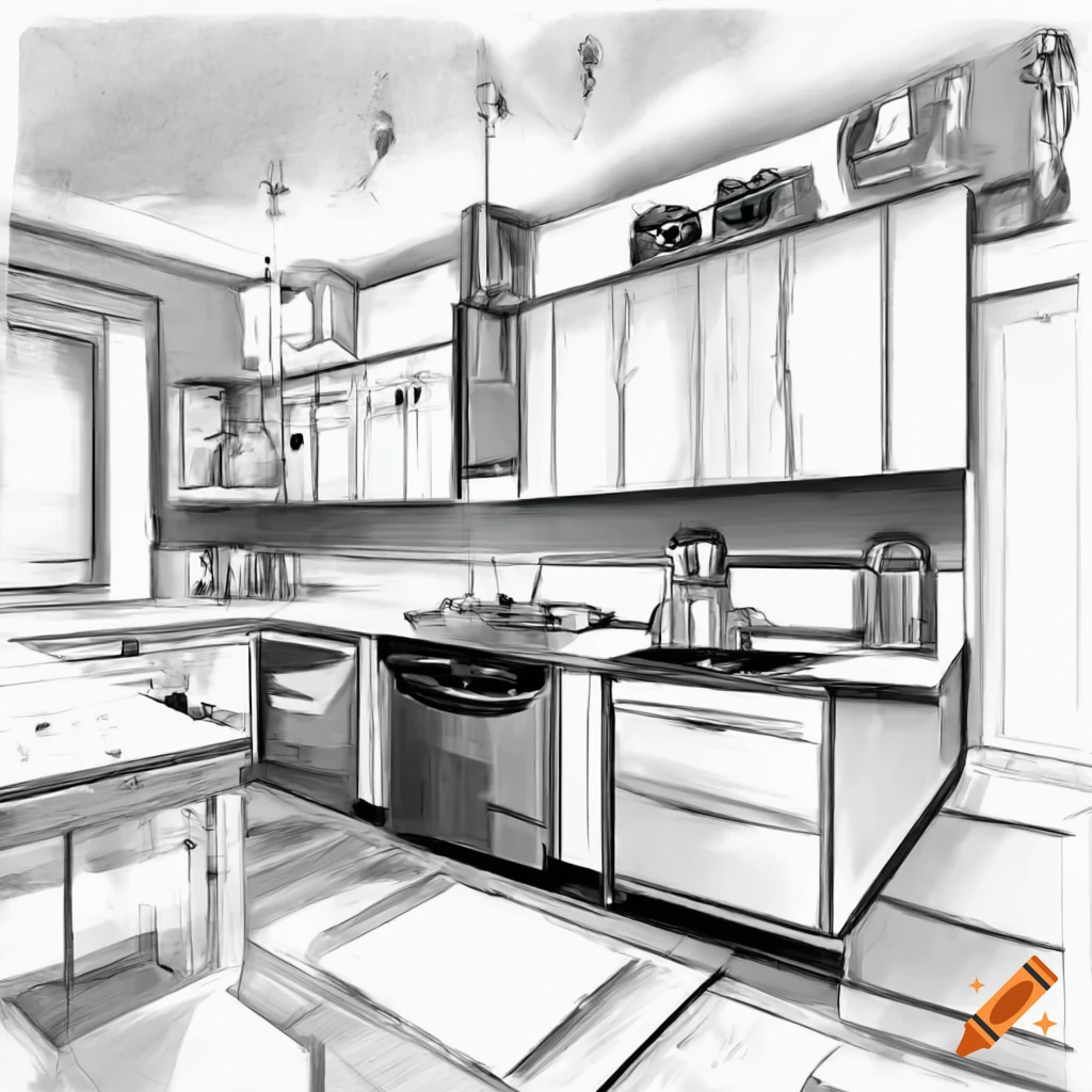 Interior sketch of kitchen room. Outline blueprint design of kitchen with  modern furniture Stock Vector Image & Art - Alamy