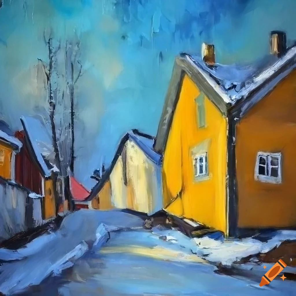 Oil painting of a Norwegian town under a stormy winter sky on Craiyon