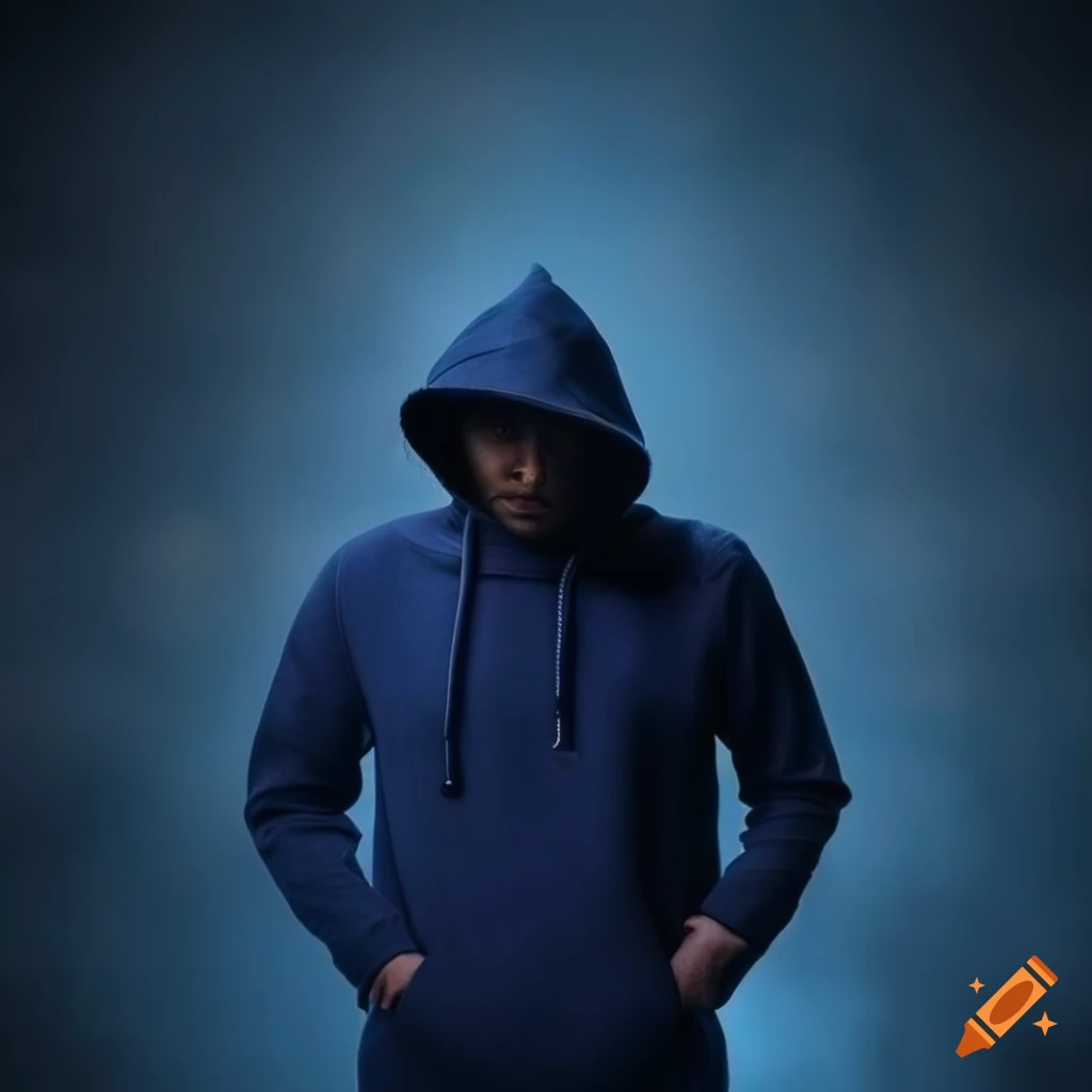 Photo of a man wearing a plain navy blue hoodie