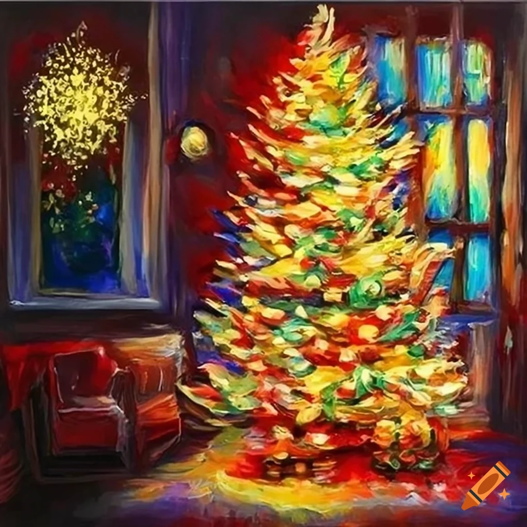 Oil painting of magical christmas trees
