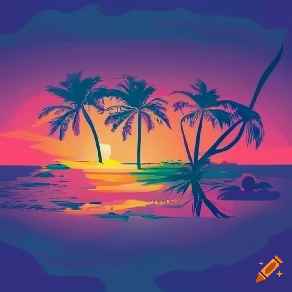 retro design of a vibrant beach with coconut tree at sunset
