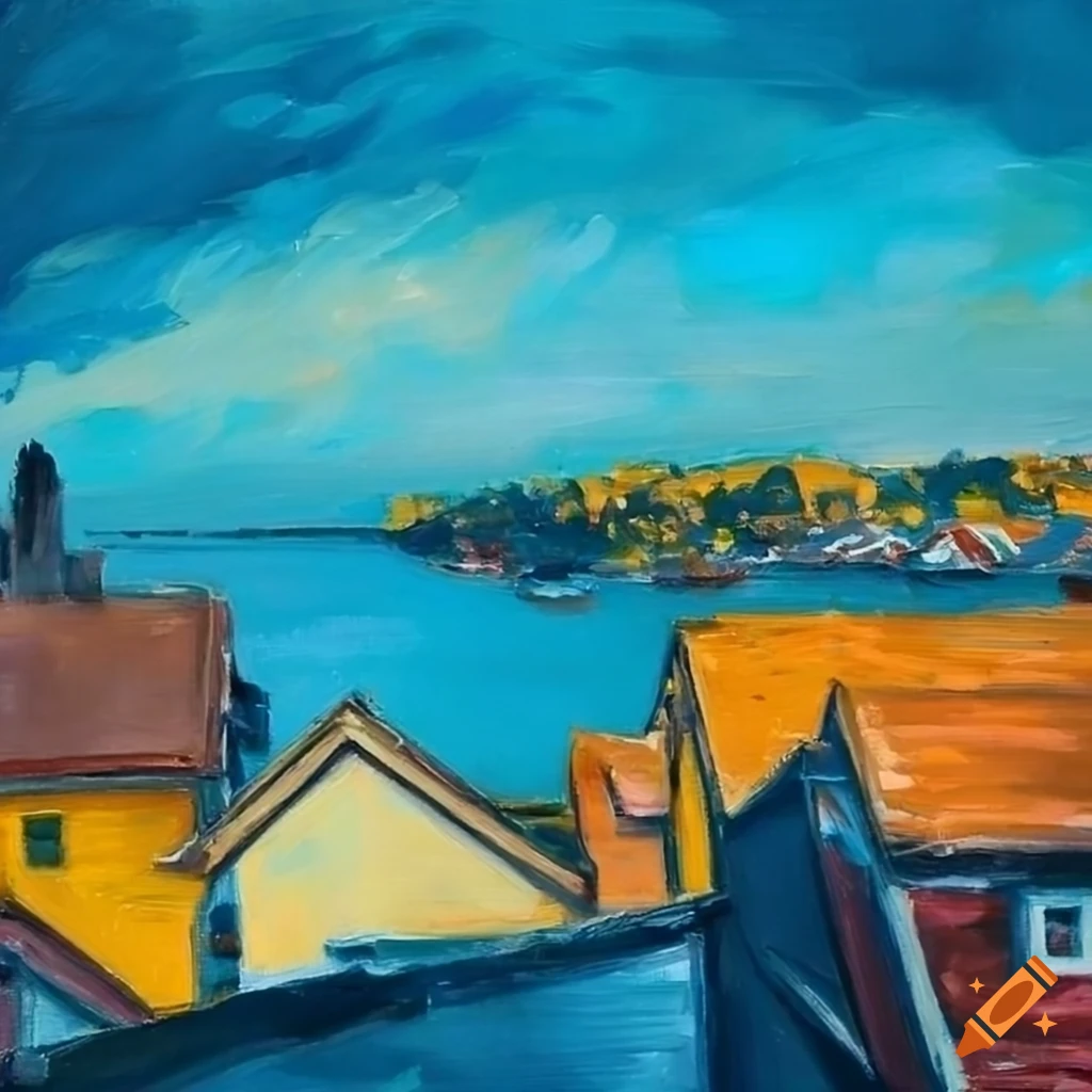 bird's eye view of a coastal town in an oil painting