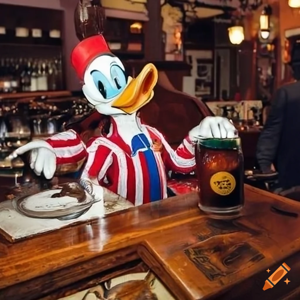 Donald duck drinking beer at the pub with sea animals