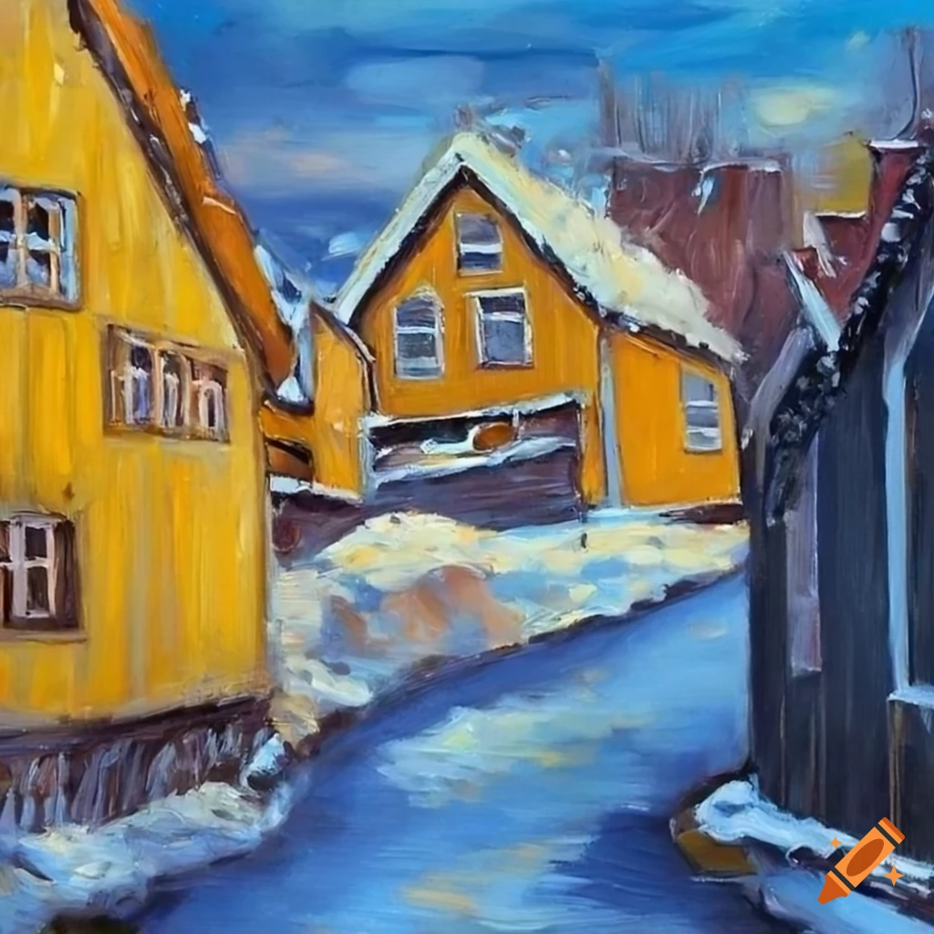 Oil painting of a Norwegian town under a stormy winter sky on Craiyon