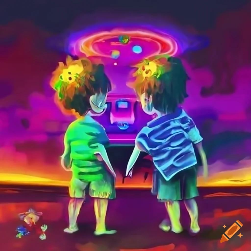 Colorful illustration of brothers playing video games