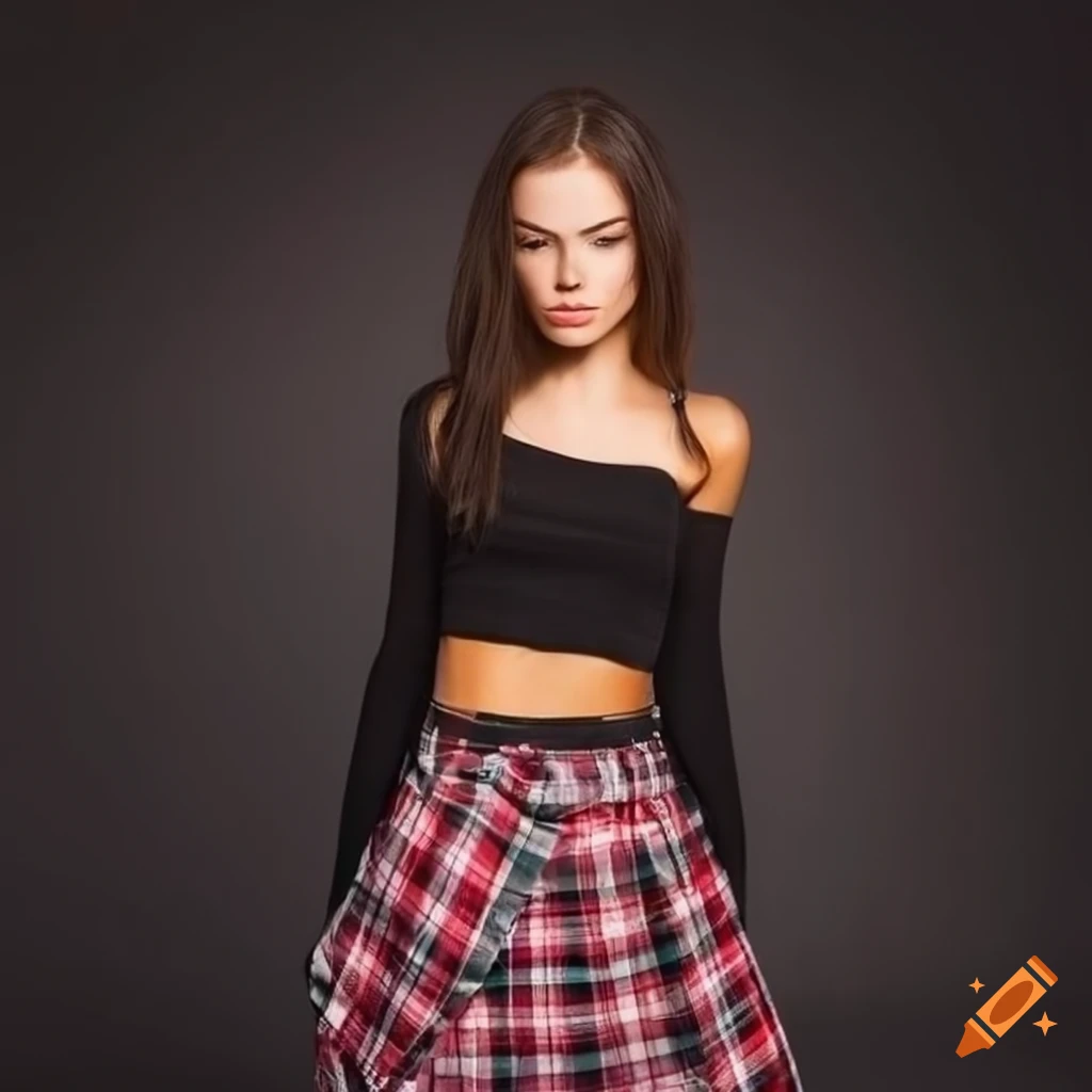 Woman in stylish crop top and plaid skirt