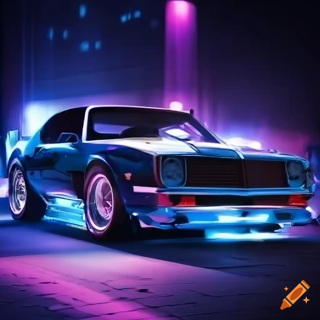 neon-lit vintage sports car in cyberpunk style