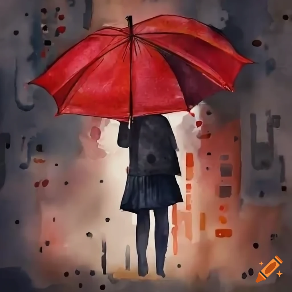 surreal image of a woman walking with a red umbrella in the rain
