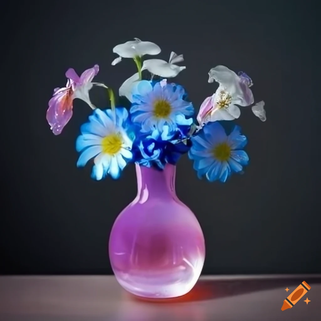 Vase with blooming flowers in blue and pink glass bottles on Craiyon