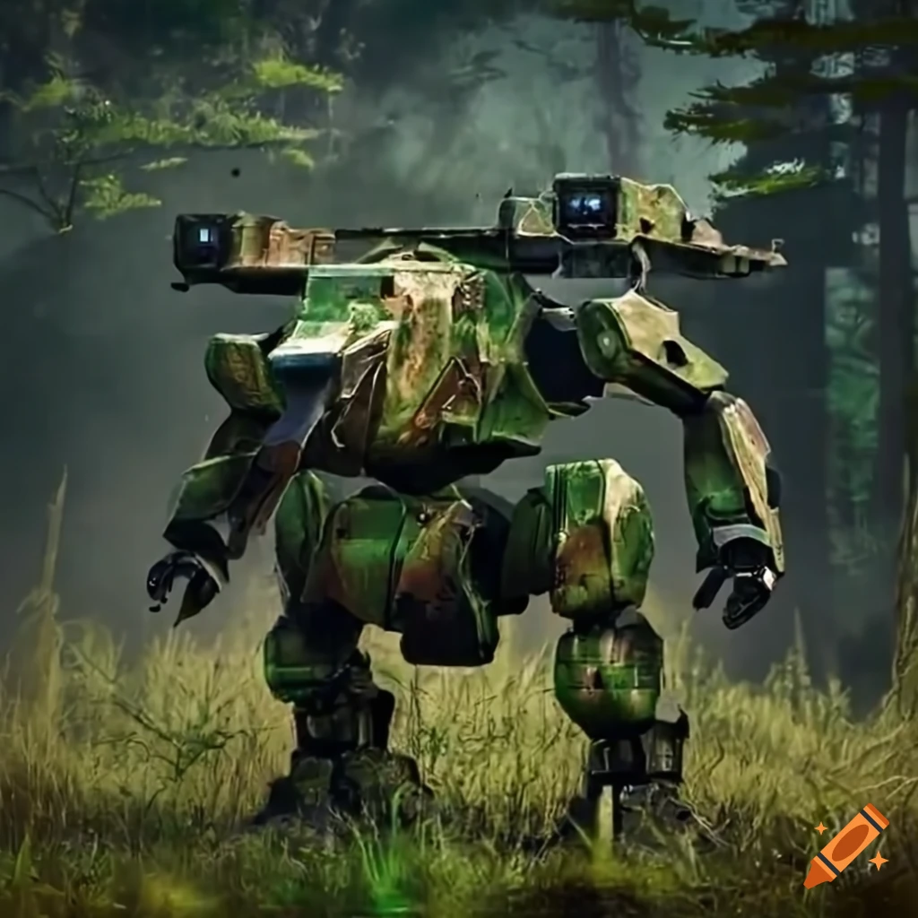 camouflaged mech in a marsh at night