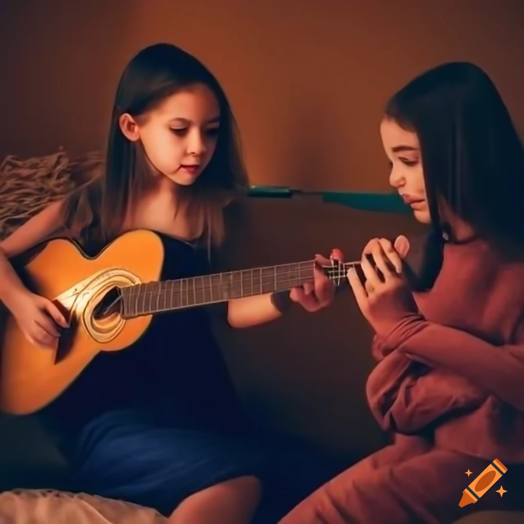 two girls playing guitar in a cozy room