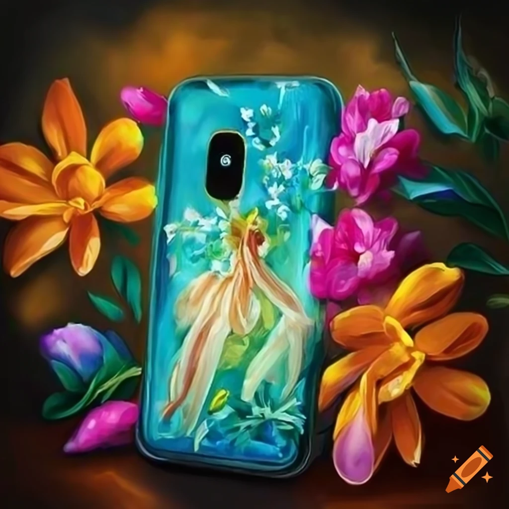 painting of a mobile phone surrounded by flowers