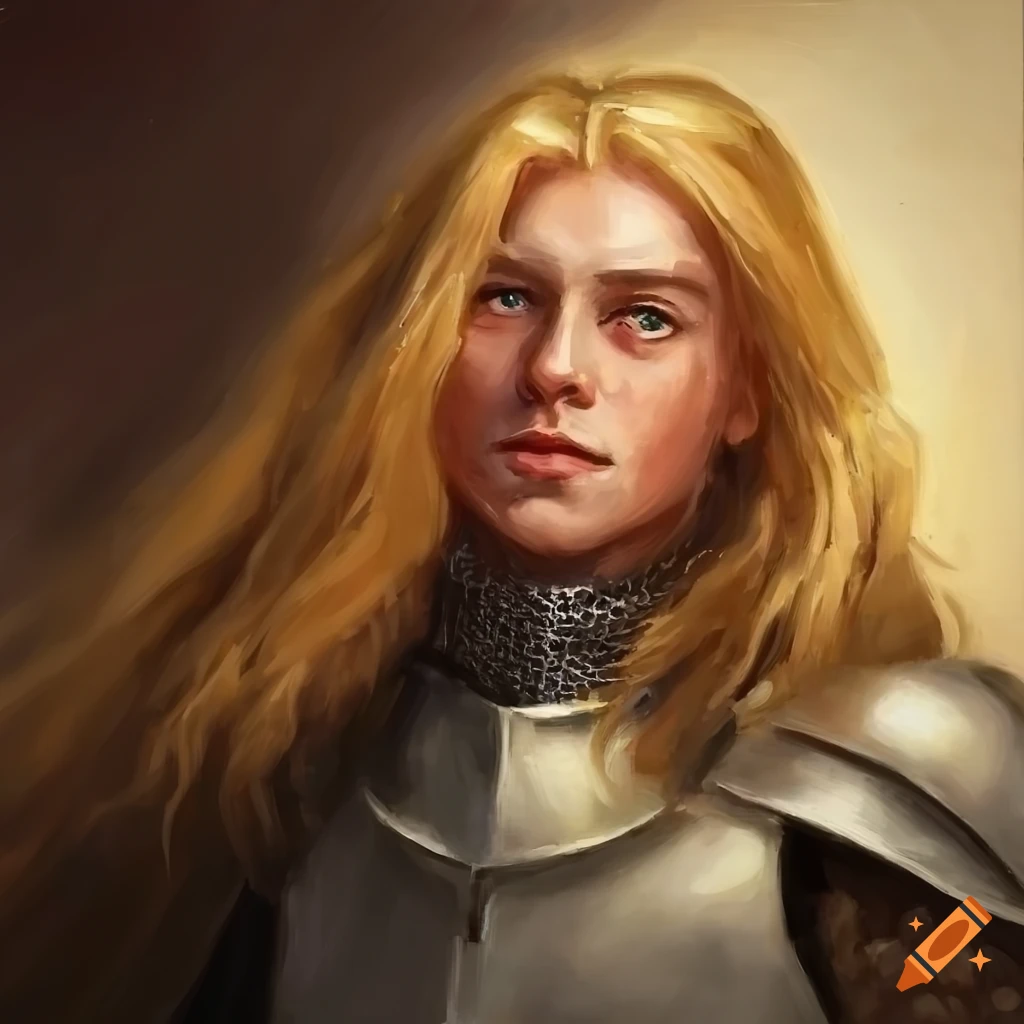  Painting of a medieval knight with scaly skin, blonde long hair and a ...