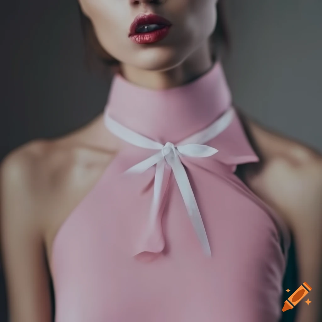 close-up of an intricately detailed light pink dress with a white ribbon