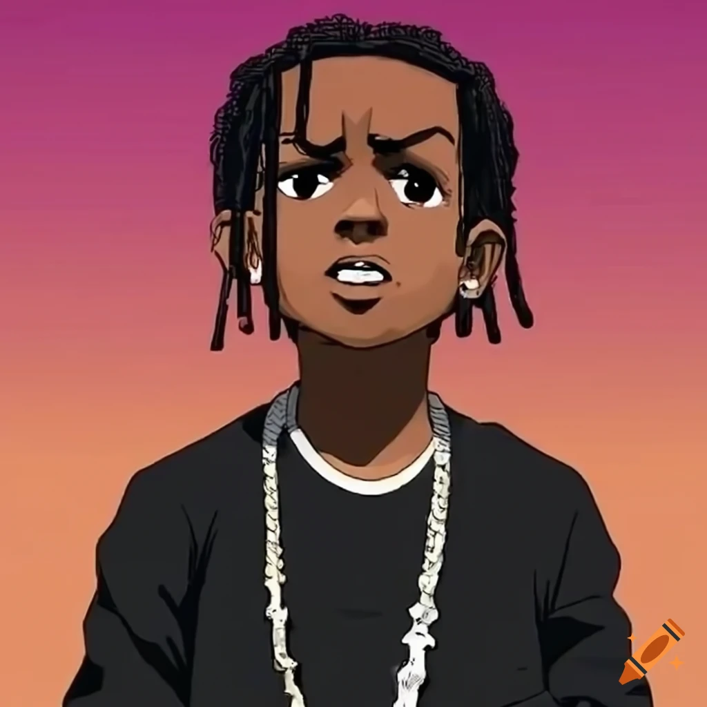 Illustration of asap rocky in black shirt with boondocks style on Craiyon