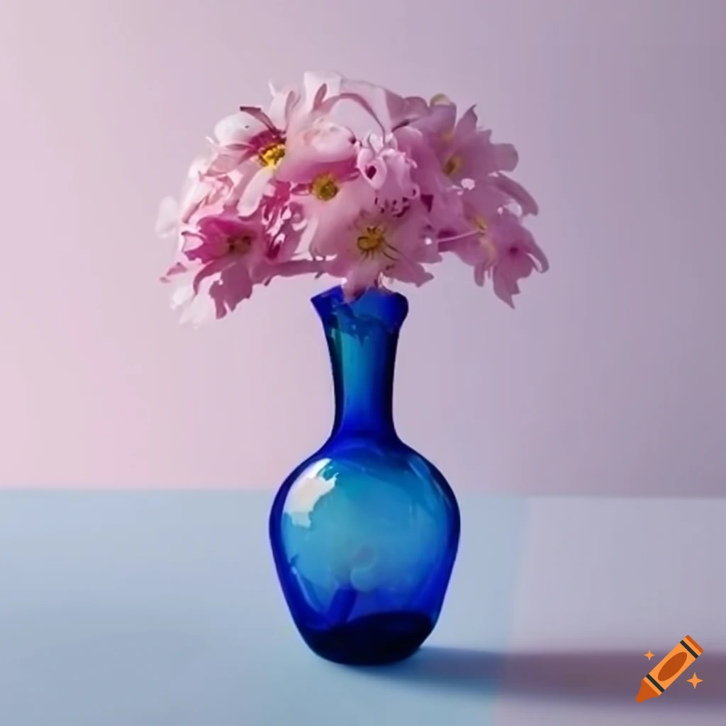 Blue and pink glass bottle vase with blooming flowers on Craiyon