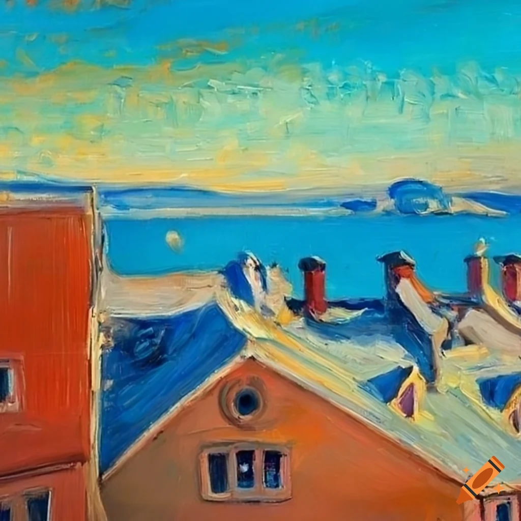 oil painting of a coastal town viewed from above