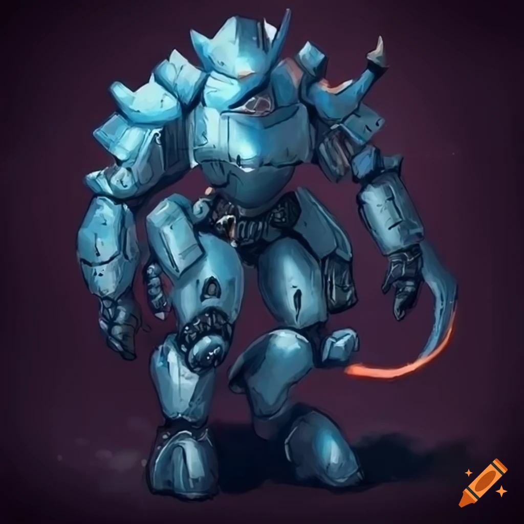 fantasy art of a tiefling in a ice mech suit