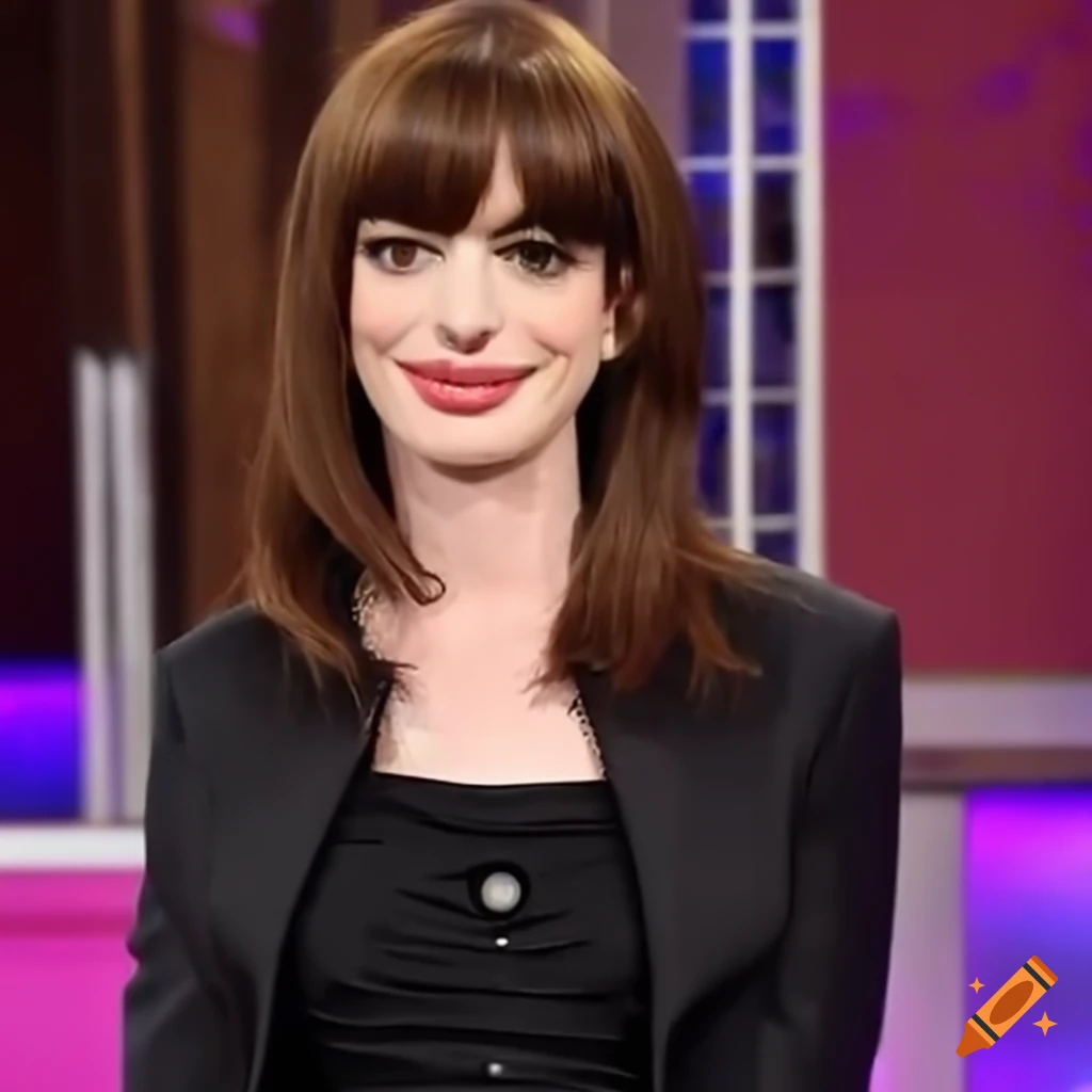 Anne hathaway getting bangs trimmed on a talk show on Craiyon