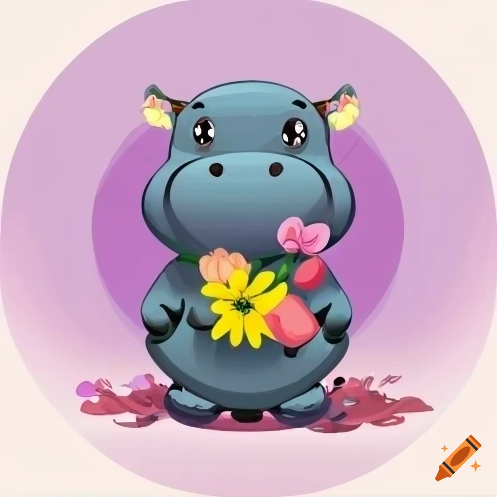 cute hippo holding a flower