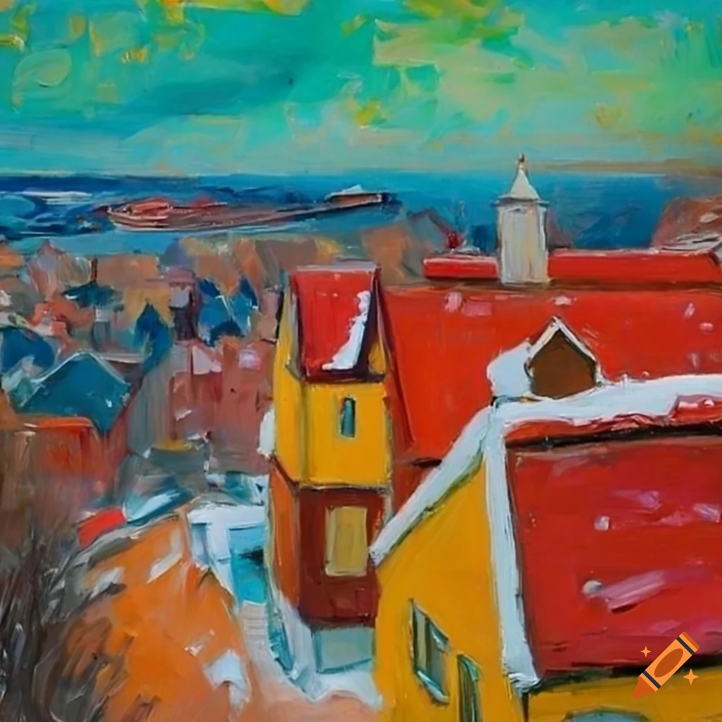 oil painting of a rooftops view in a Norwegian coastal town