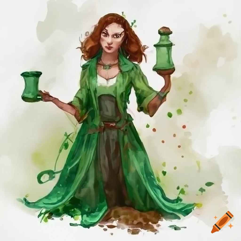 Illustration of a female apothecary specialist character in a green dress