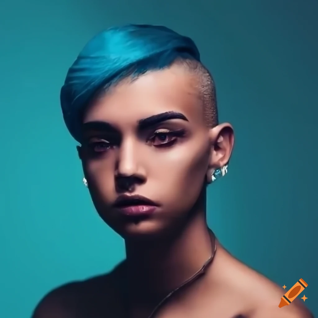 fashionable non-binary person with unique blue hair and bold makeup