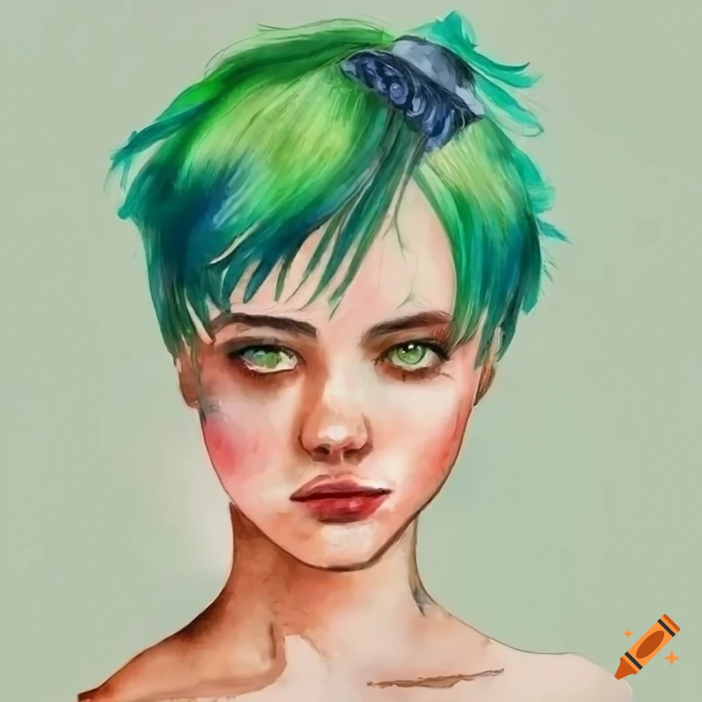 Girl with short green hair and hairpin on Craiyon