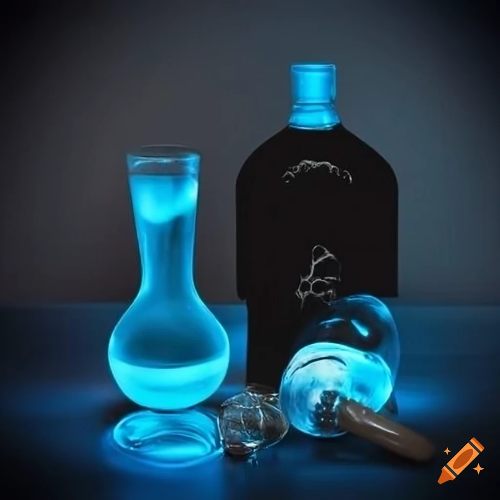 blue glowing drink with Memento mori label
