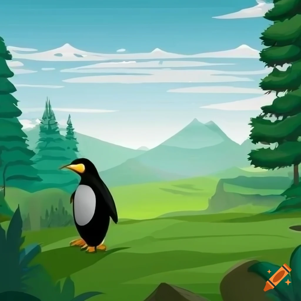 cartoon penguin with mountains and forest