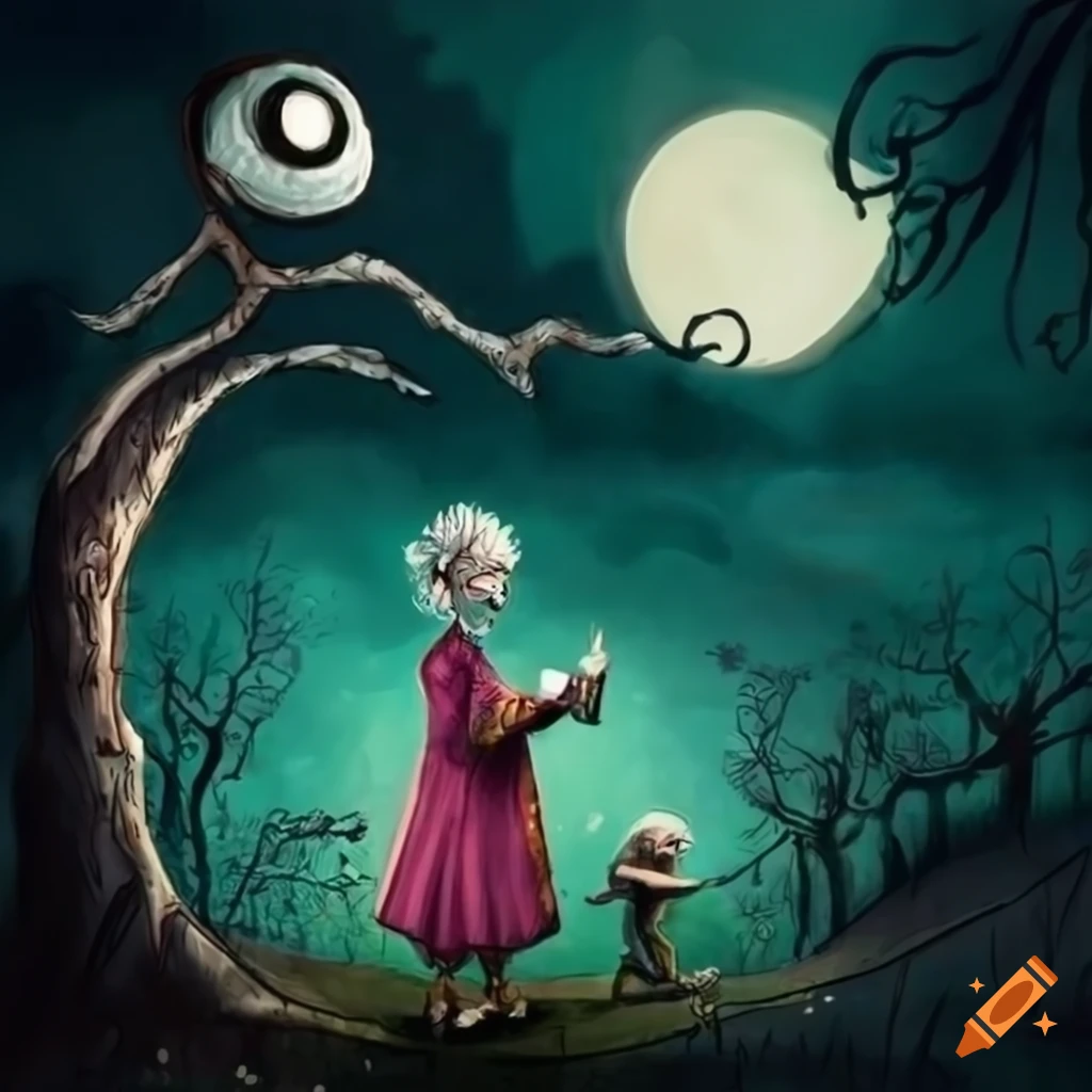 ilustración de una pareja de ancianos leyendo un libro estilo Tim Burton