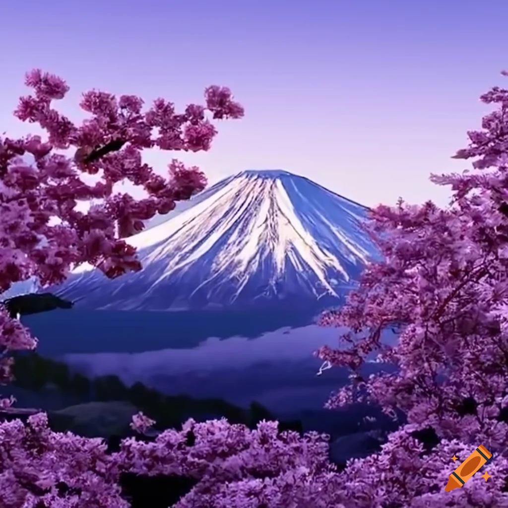 Purple sakura tree with mount fuji in the background on Craiyon