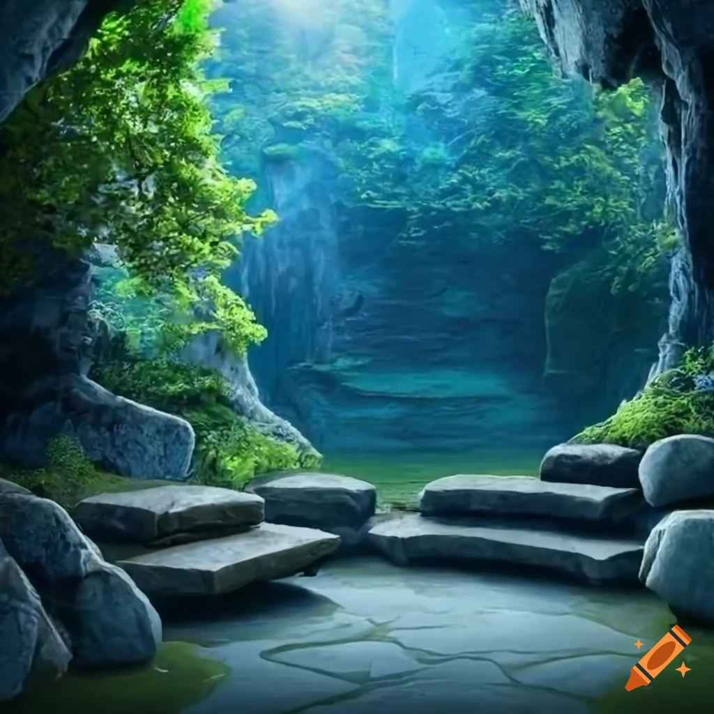 image of a shimmering blue meeting cave with stone benches