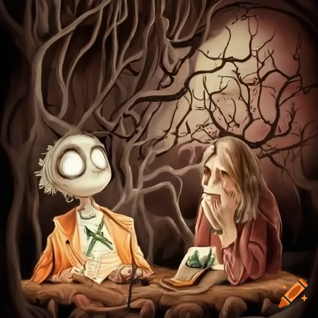 ilustración de una pareja de ancianos leyendo un libro estilo Tim Burton