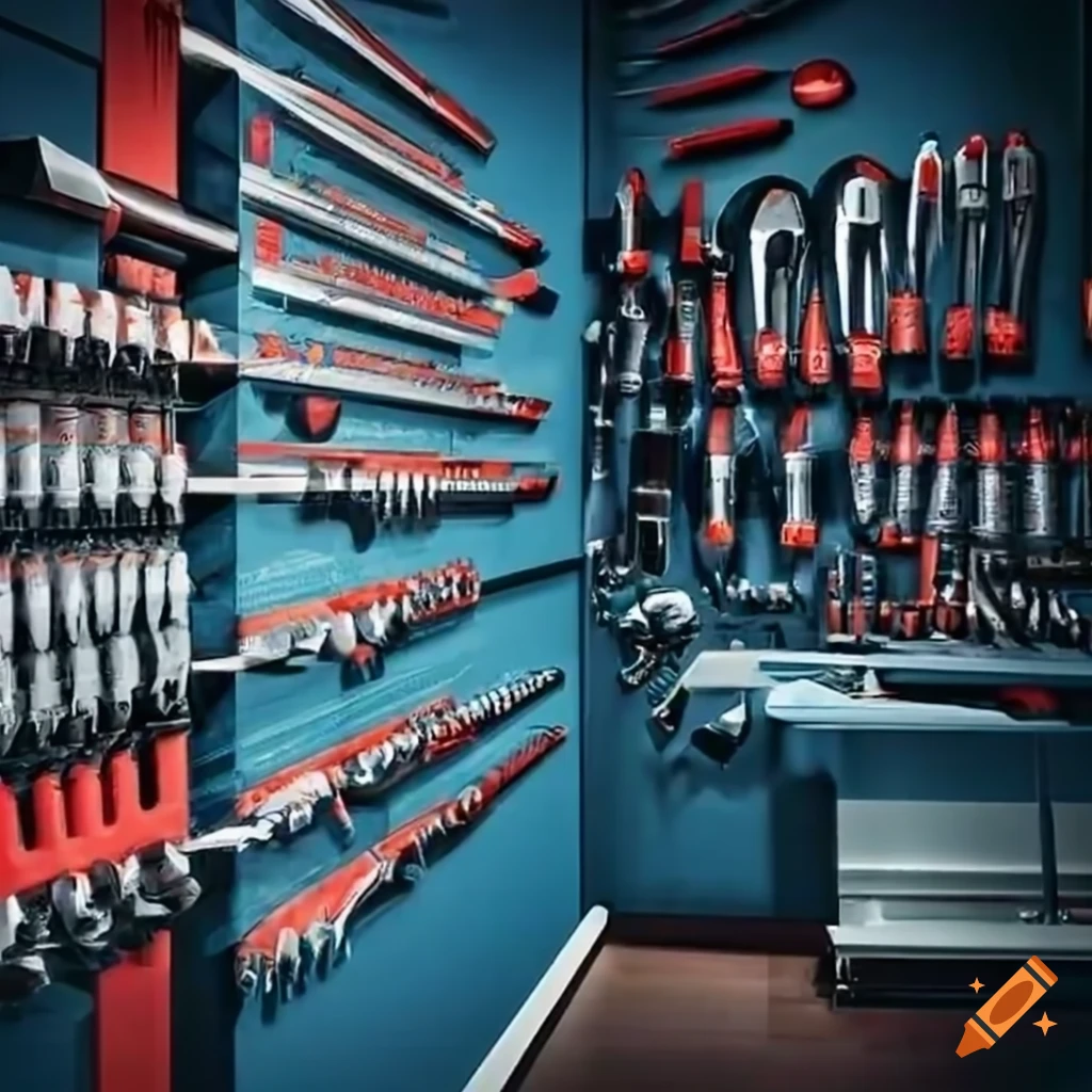 Store shelf with bosch professional tools on Craiyon
