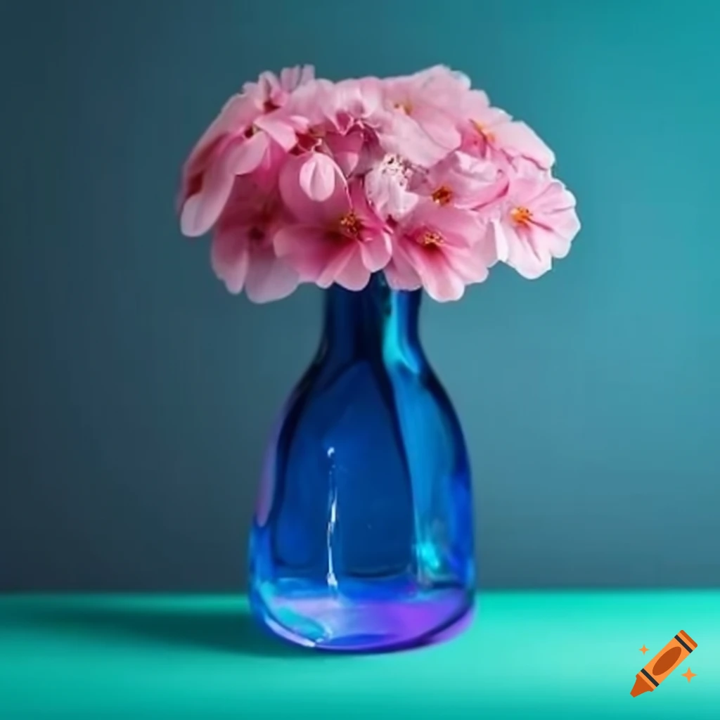 Blue and pink glass bottle vase with blooming flowers