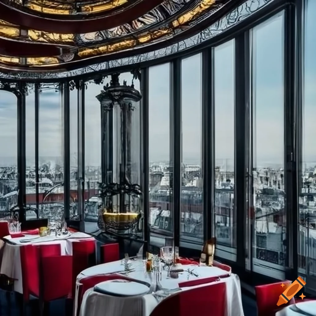 Restaurant with panoramic view of paris rooftops on Craiyon