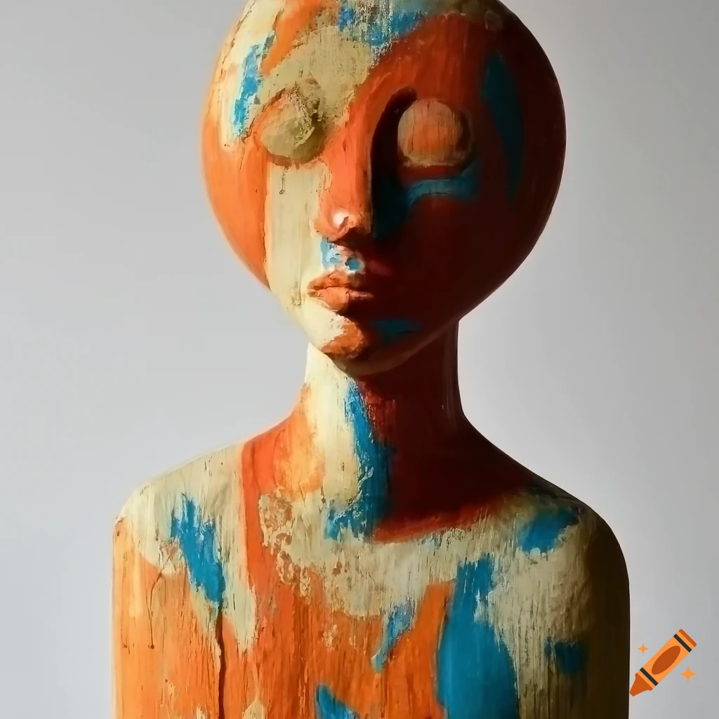 Abstract wooden sculpture with faded paint on Craiyon