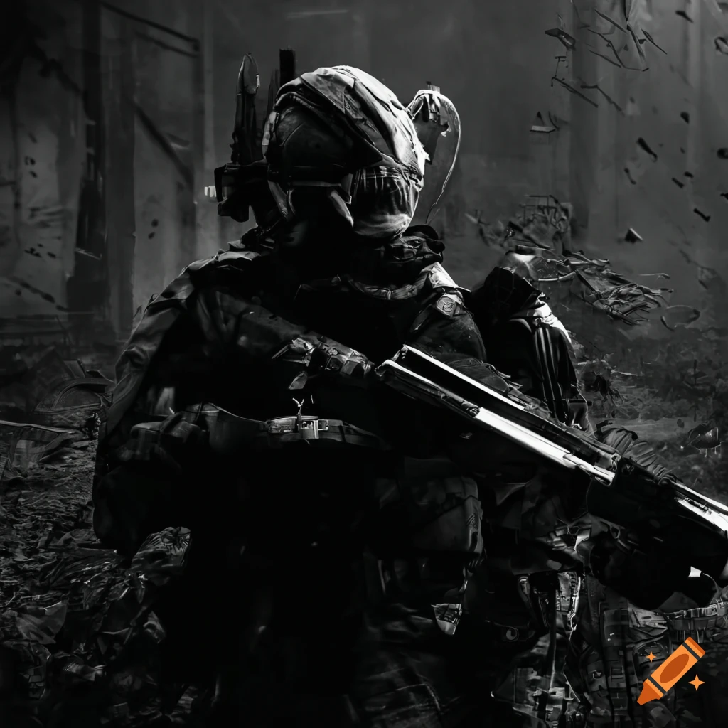 black and white image of futuristic soldiers charging through rain