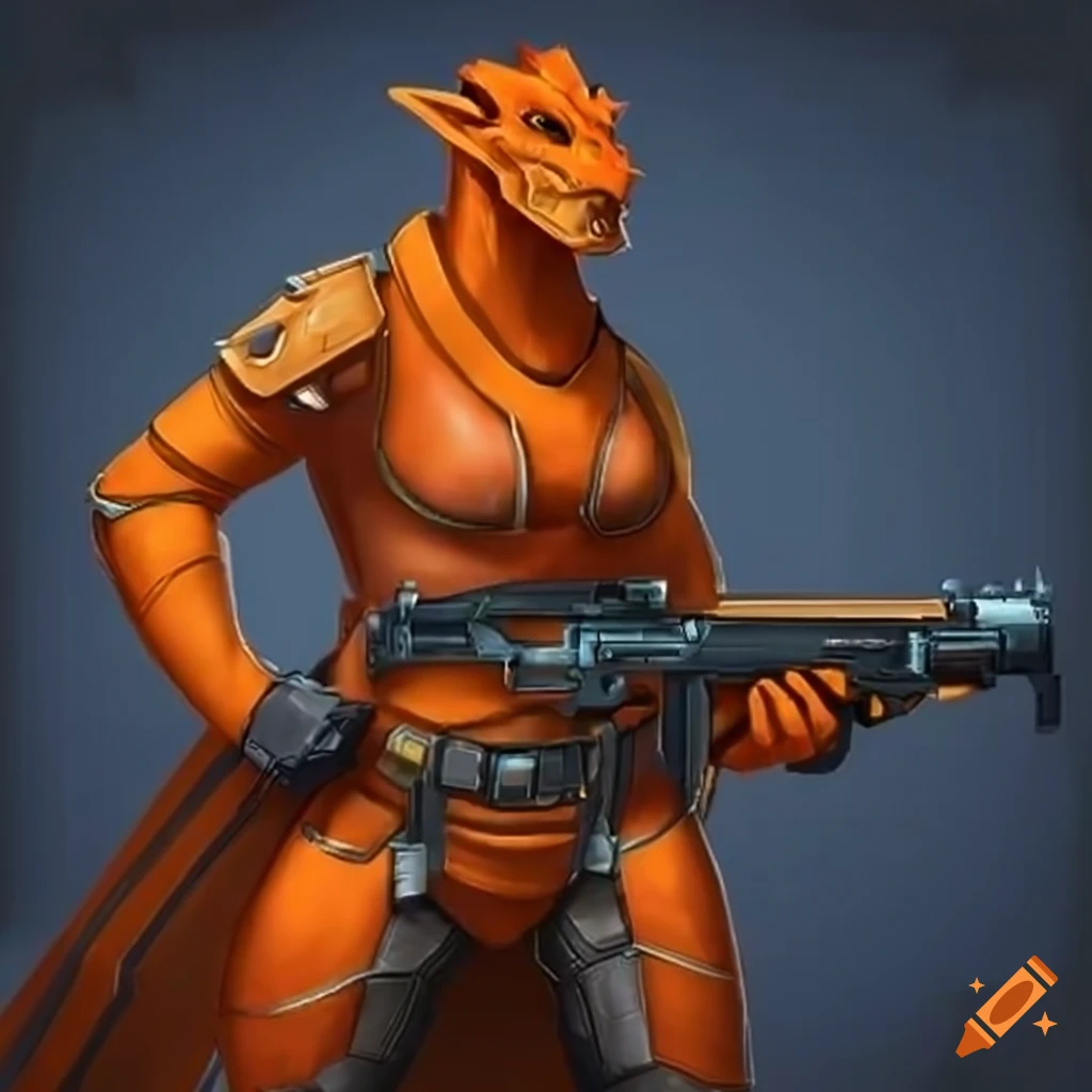 dragonborn character in futuristic outfit with gun