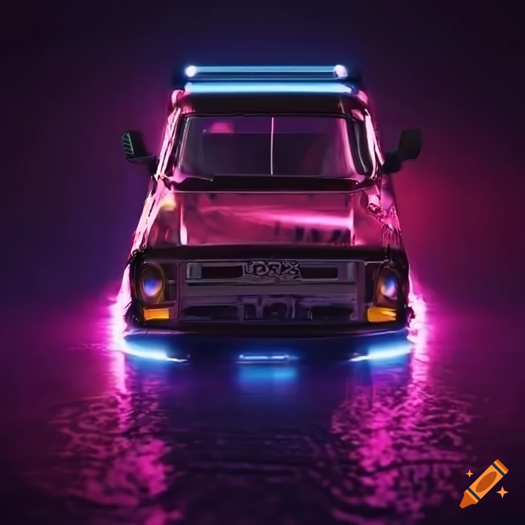 cyberpunk vintage truck with neon lights