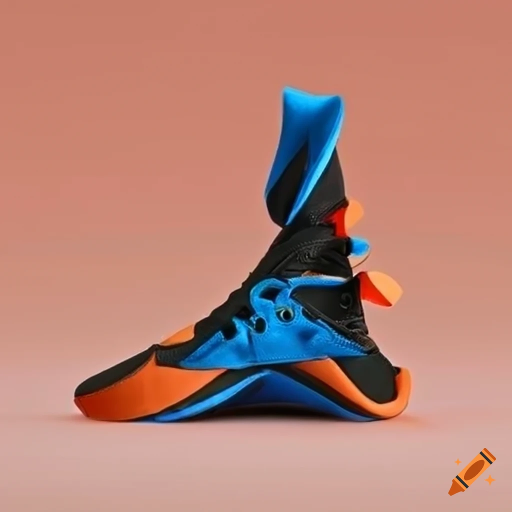 Surrealistic orange, black, and blue sneakers