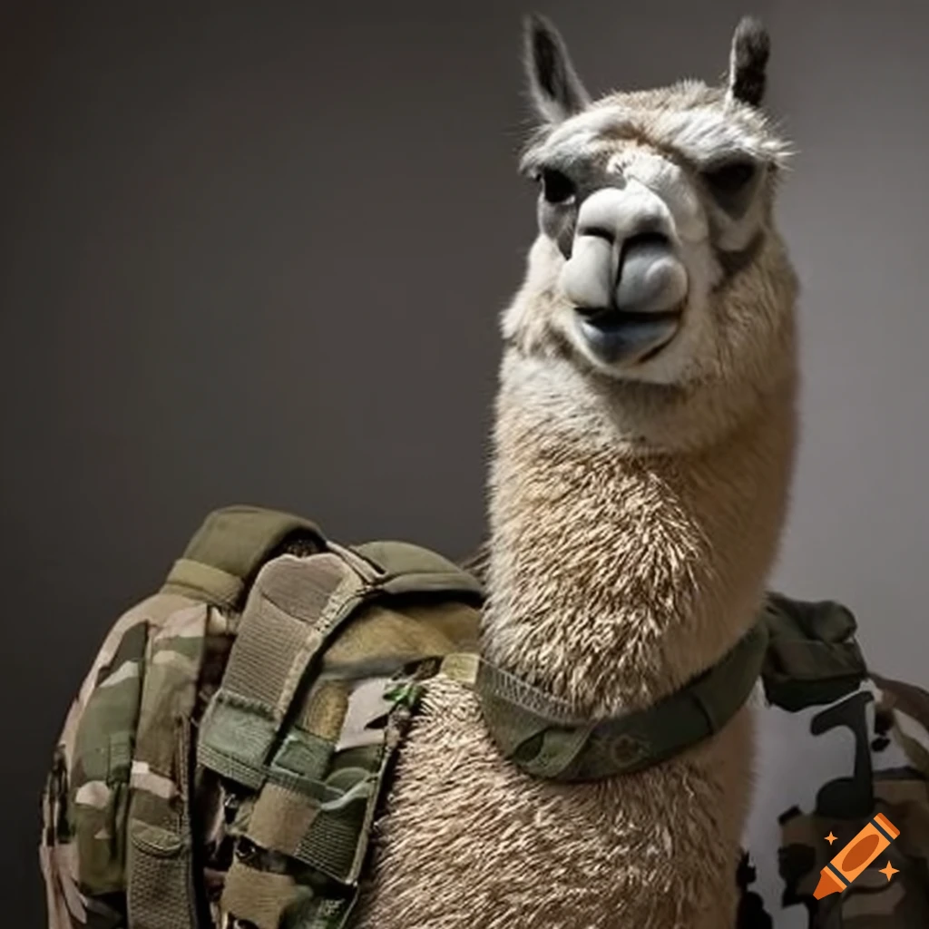 Llama wearing camouflage gear on Craiyon