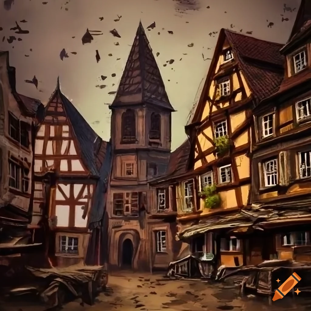 Postcard of a busy medieval marketplace in a dark town on Craiyon