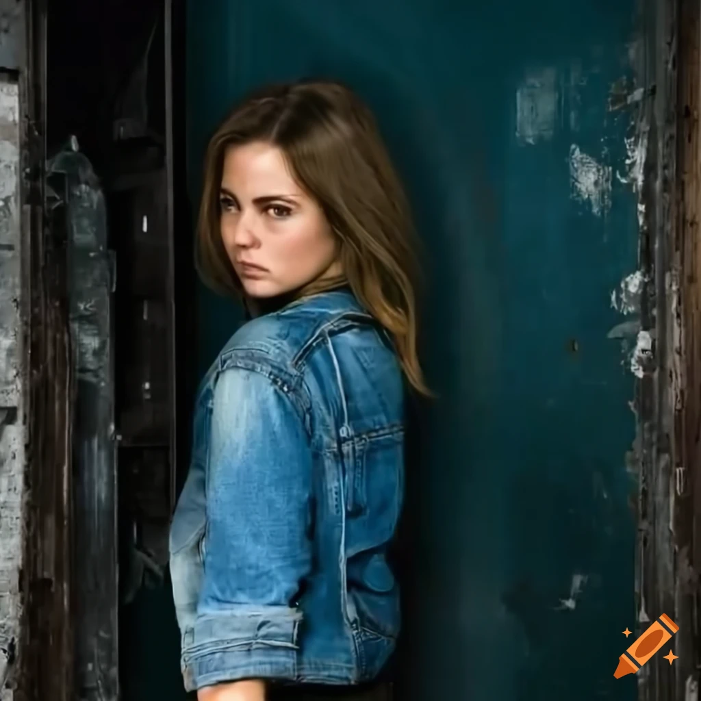 Actress in denim jacket and black leather trousers in derelict building ...