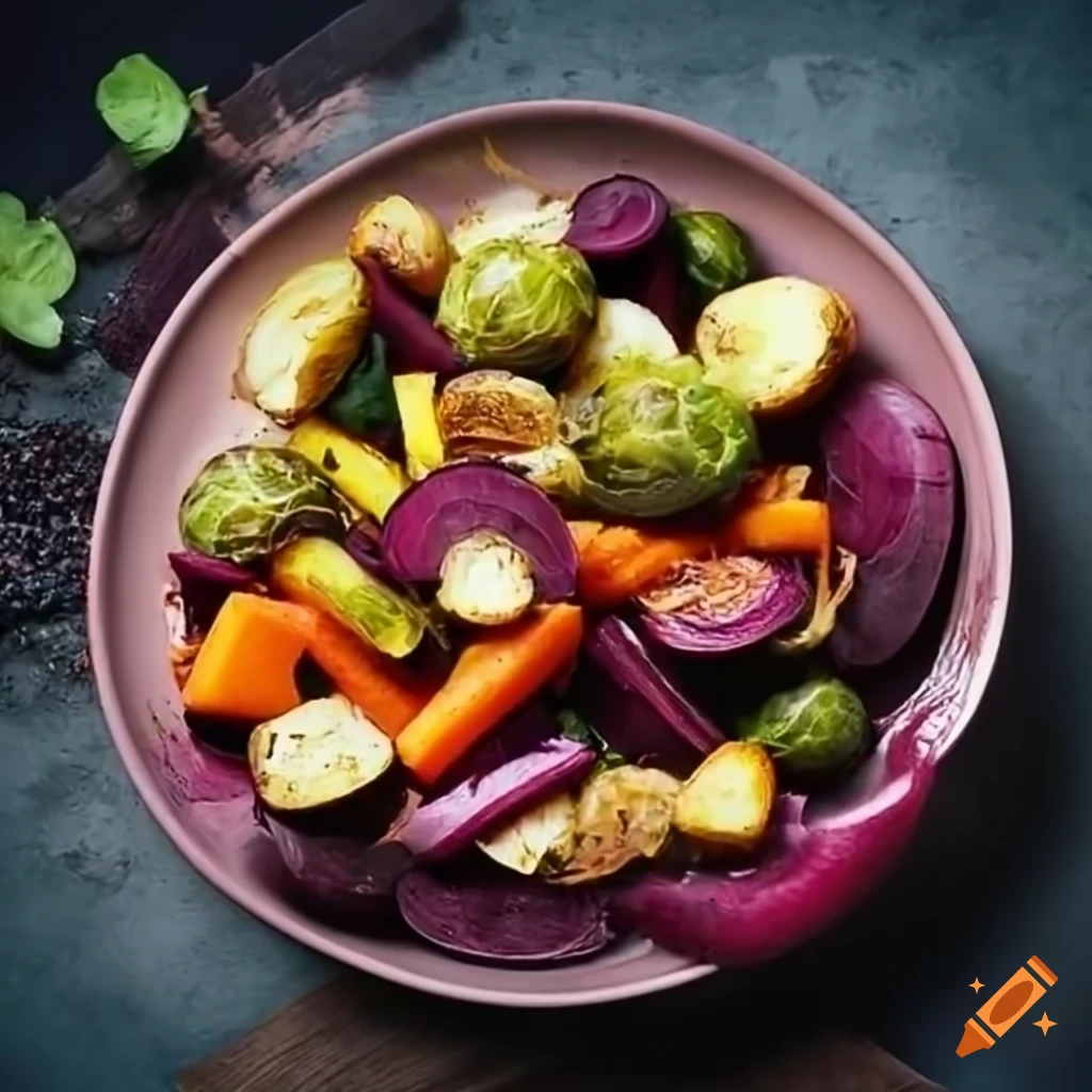 Roasted vegetable medley with beets, brussels sprouts, carrots, and