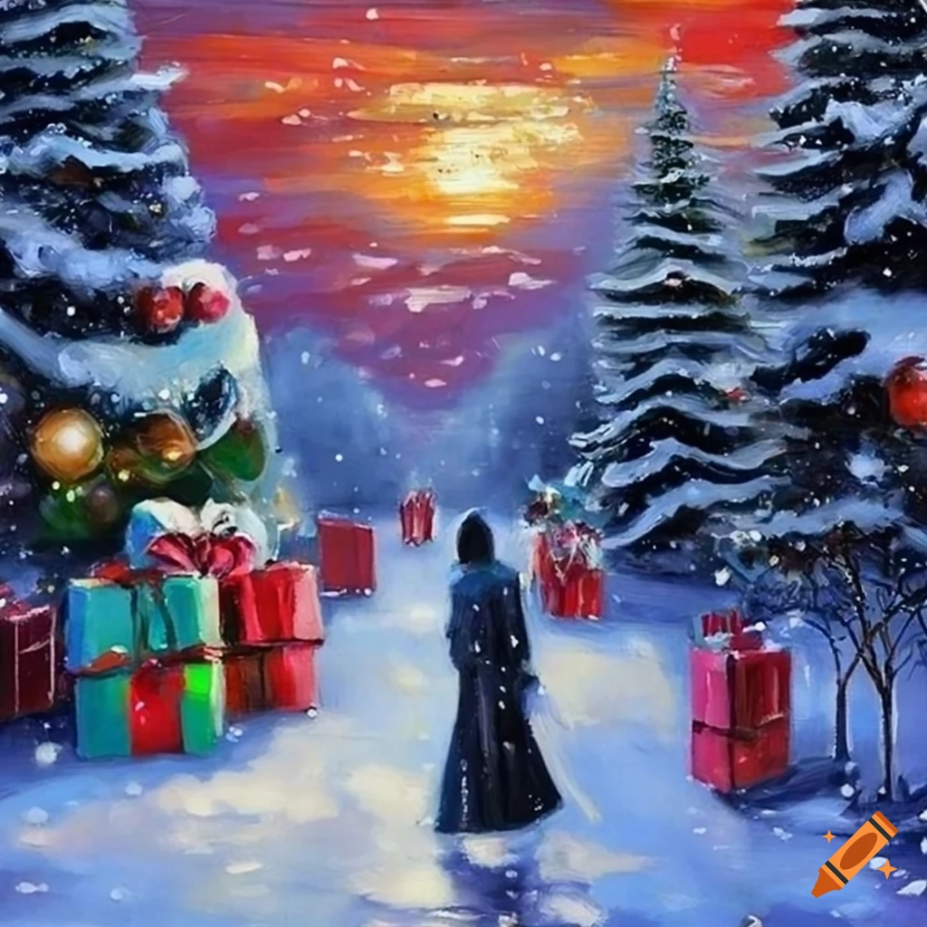 Oil painting of people shopping in a winter wonderland on Craiyon